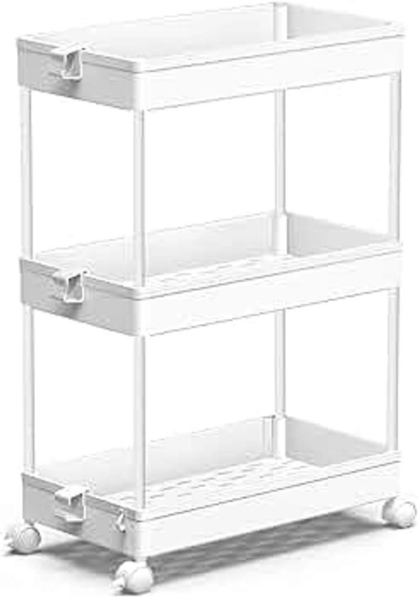 SPACEKEEPER Storage Trolley 3-Tier Slide Out Rolling Utility Cart Shelf Rack on Wheels Multi-purpose Shelving Organizer for Office, Kitchen, Bedroom, Bathroom, Laundry Room & Dressers, White