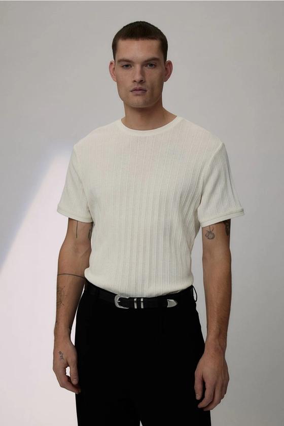 Regular Fit Pointelle-knit T-shirt - Cream - Men | H&M US
