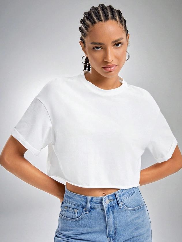 SHEIN EZwear Summer  Outfits Drop Shoulder Solid Crop Top
