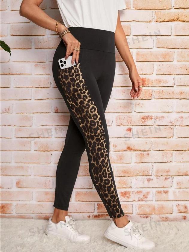 SHEIN LUNE Leopard Print Tummy Control Leggings With Phone Pocket