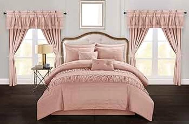 Chic Home Mykonos 20 Piece Comforter Set Striped Ruched Ruffled Embossed Bag Bedding, Queen, Coral
