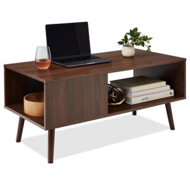 Best Choice Products Wooden Mid-Century Modern Coffee Accent Table Furniture w/ Open Storage Shelf - Walnut