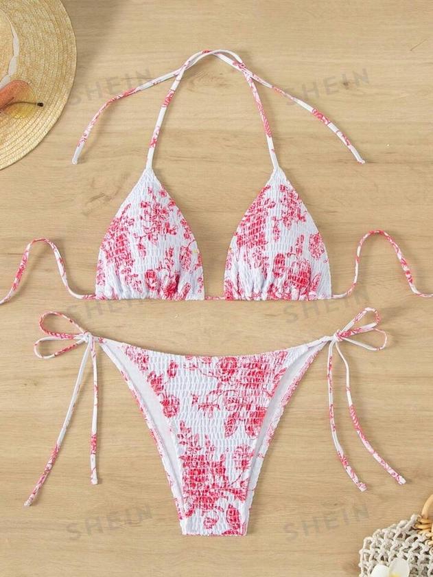 Floral Printed Padded Halter Neck Bikini Set With Bottoms