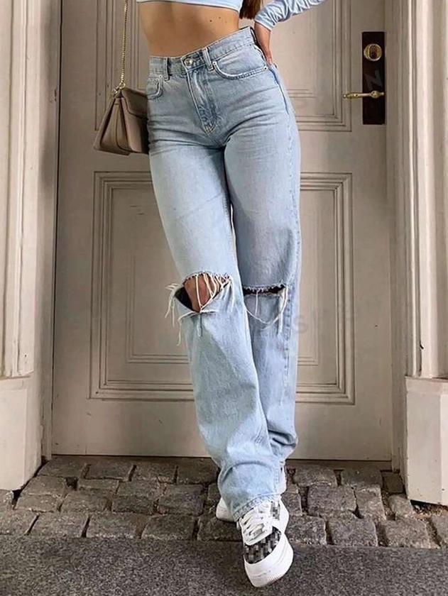 Distressed Washed Straight Leg Jeans
