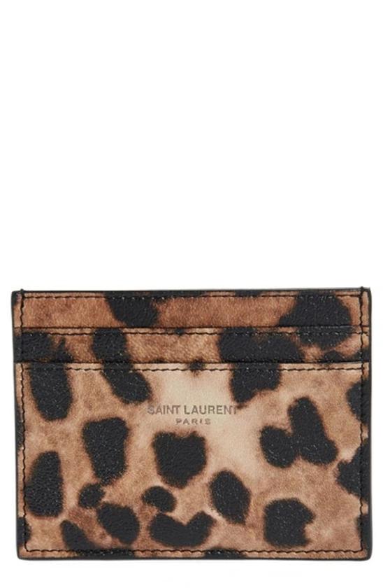 Leopard Print Lambskin Card Case In Beige/ Brown
