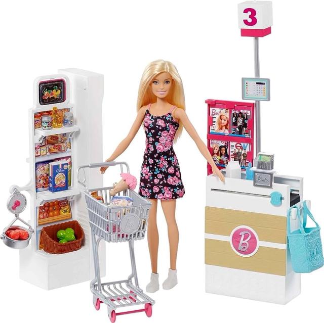 Barbie Doll, Blonde, and Grocery Store with Rolling Cart and Working Belt, FRP01 : Barbie: Amazon.co.uk: Toys & Games