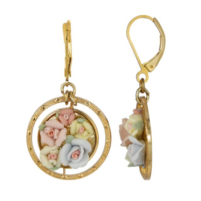 1928 Jewelry Multicolor Porcelain Rose Round Drop Earrings