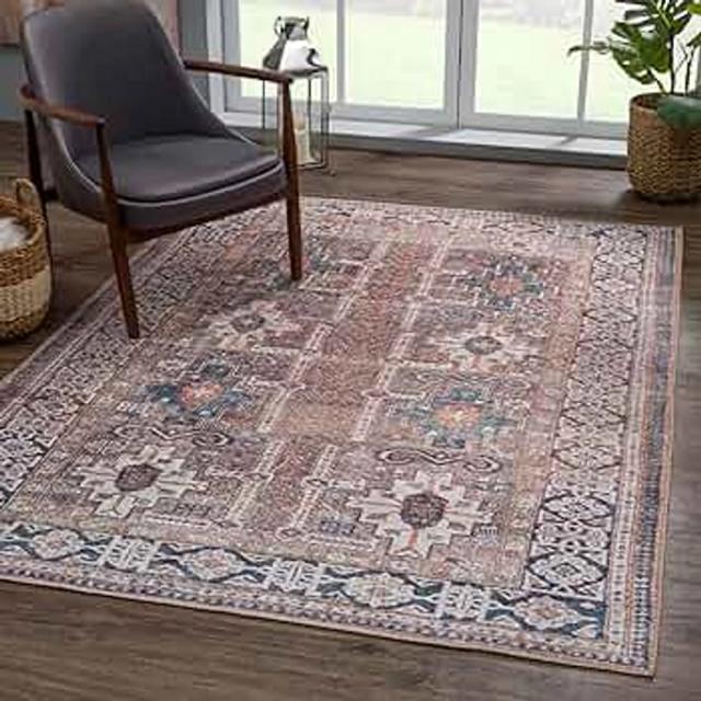 Bloom Rugs Washable 9' x 12' Rug - Brown/Blue/Orange Traditional Area Rug for Living Room, Bedroom, Dining Room, and Kitchen - Exact Size: 9' x 12'