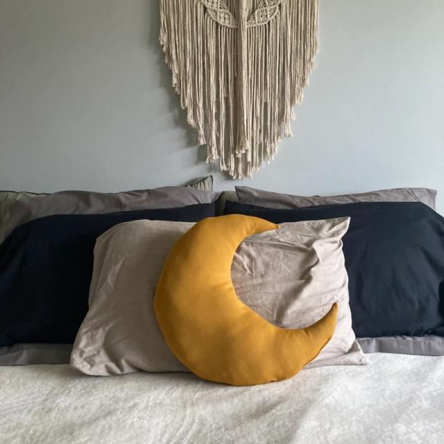 18” gold crescent moon decorative pillow, witchy, decor, throw pillows, throw, moon, yellow, cottagecore, dark, Halloween
