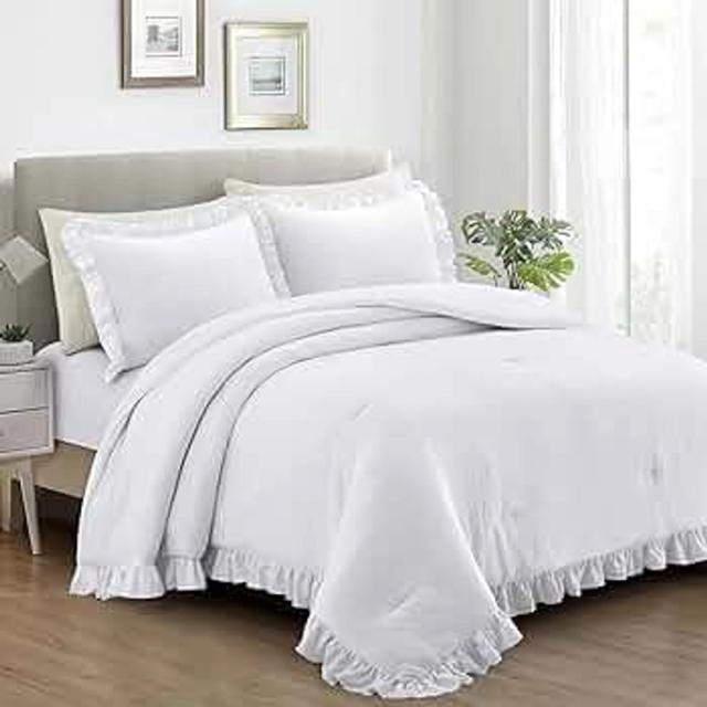 Home Bed Bedding Comforter Set - 3 Pieces White Queen Comforter Set, Farmhouse Bedding Set with Ruffle Bed Comforter & Ruffle Pillows Shams(Queen Size White)