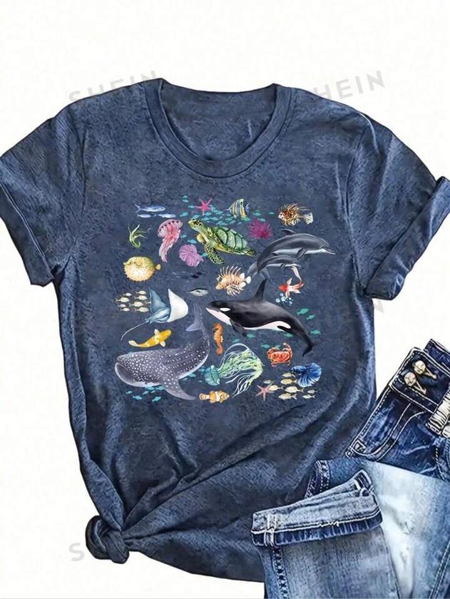 SHEIN LUNE Summer Casual T-Shirt With Ocean Life Pattern