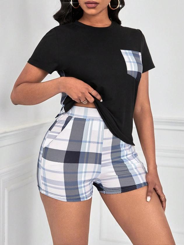 SHEIN LUNE Checkered Short-Sleeved Top And Shorts Set With Patch Pocket