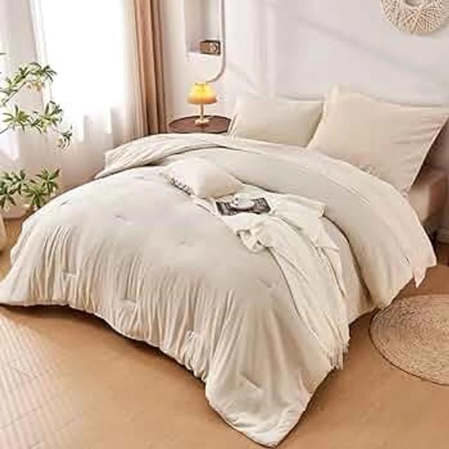 Twin Comforter Set, Cationic Dyeing Twin Bedding Set for All Seasons, Soft Lightweight 5 Pieces Twin Bed Bag with Comforter, Pillow Sham, Pillowcase, Flat Sheet and Fitted Sheet, Cream