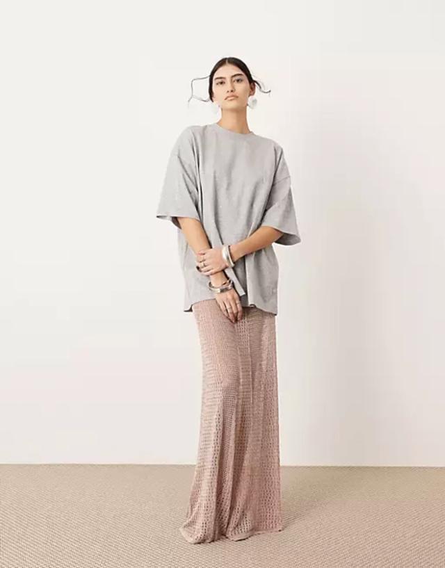 ASOS EDITION metallic knit sheer sweeping maxi skirt in blush | ASOS