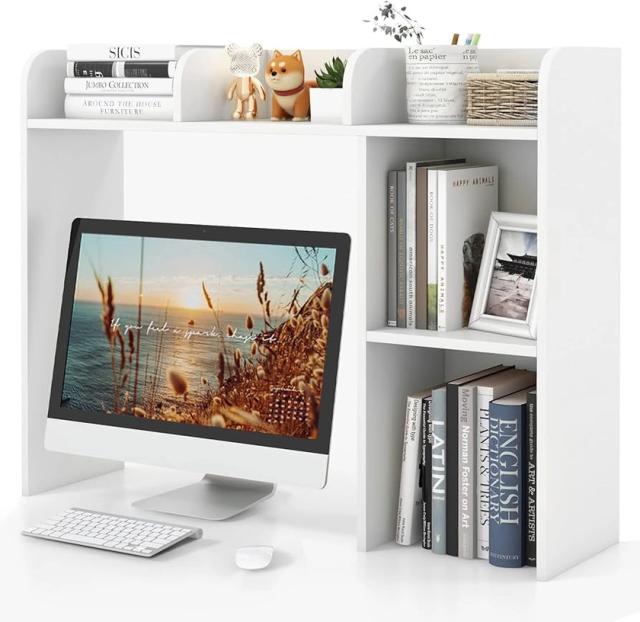 Tangkula Desktop Bookshelf, Countertop Storage Hutch with 5 Shelves for Computer Desk, Desktop 3-Tier Display Rack, Multipurpose Wood Desktop Hutch Storage Organizer for Dorm Office Home