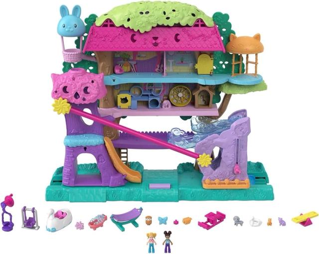 Polly Pocket Coffret La maison dans les arbres Pollyville, 5 étages, plus de 15 éléments de jeu dont 2 poupées, 1 véhicule et 4 animaux, Jouet Enfant, Dès 4 ans, HHJ06 : Amazon.fr: Jeux et Jouets
