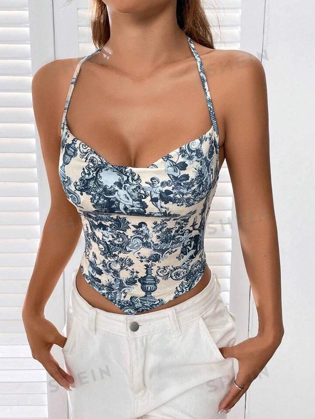 SHEIN EZwear Floral Print Draped Front Halter Summer Outfits Top | SHEIN UK