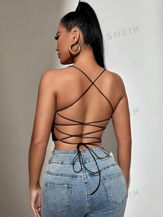 SHEIN SXY Backless Lace Up Crop Cami Top
