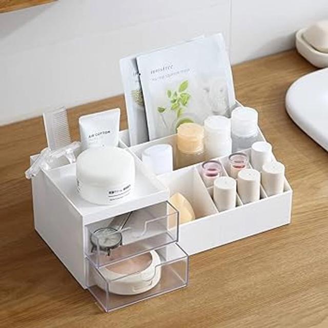 Marknor Cosmetic/Makeup Vanity Organizer Box, Mini Desk Storage for Office Supplies, Bathroom Counter or Dresser, White