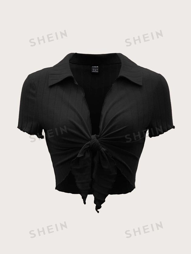 SHEIN EZwear Summer Going Out Lettuce Trim Knot Front Rib-Knit Crop Black Top