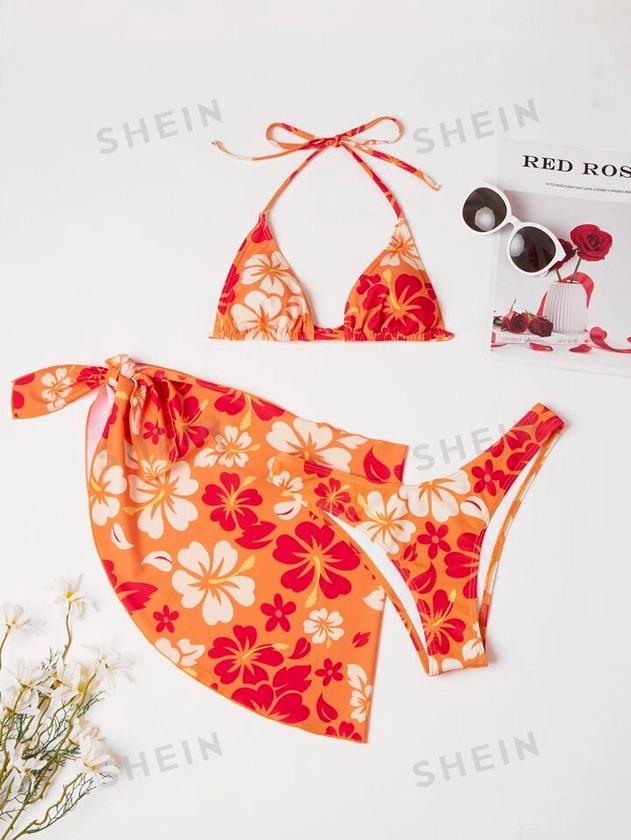 SHEIN Swim Vcay 3pack Floral Micro Triangle Bikini Swimsuit & Beach Skirt